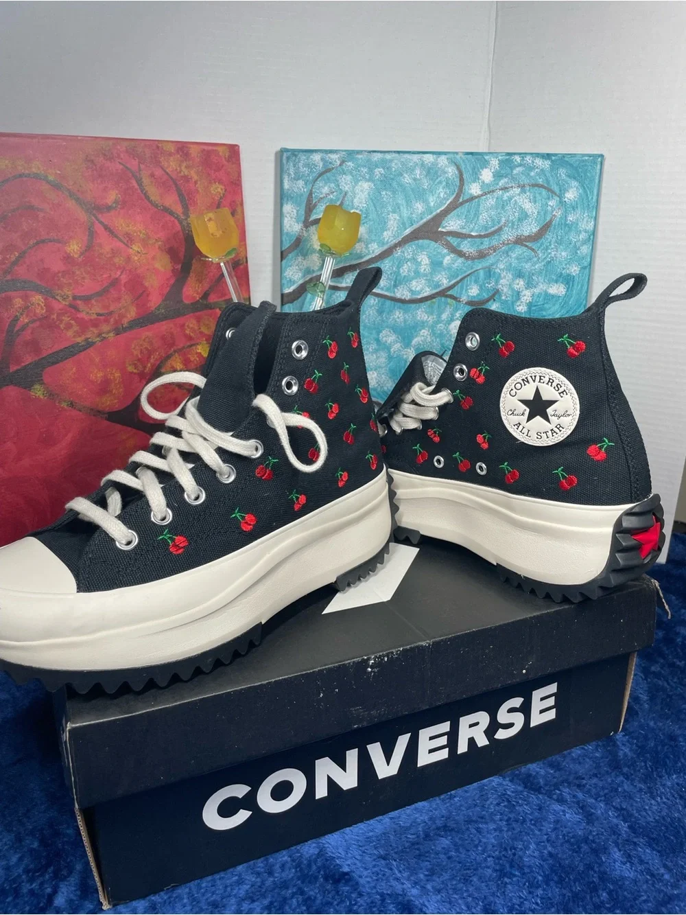 Converse women’s Black High-Top Sneakers size 8.5 with Red Cherry Embroidery.